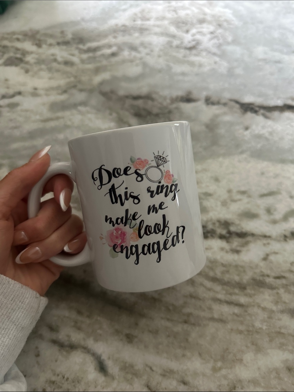 White Engagement Quote Coffee Mug with Pink Floral Accents
